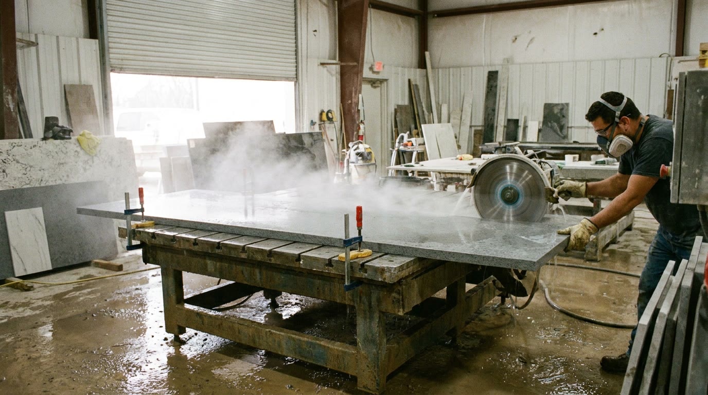 Stone fabrication shop saw cutting a quartz slab under a water spray while the worker wears a respirator and safety glasses