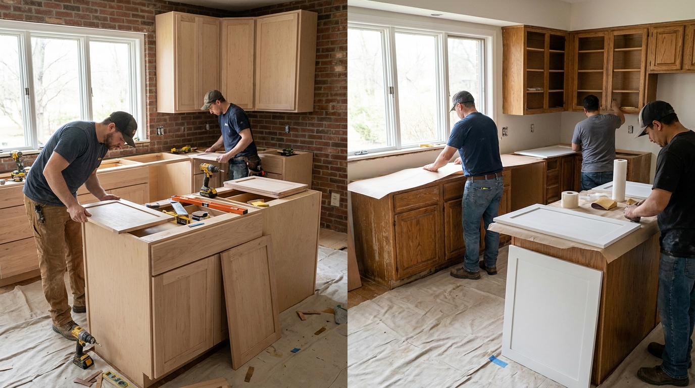 Contractor installing new shaker cabinets beside older cabinet boxes being refaced
