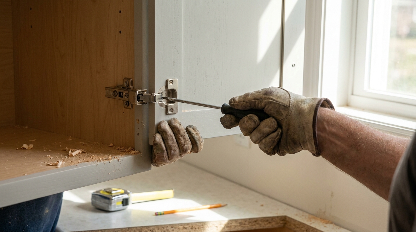 Close detail of soft-close hinge adjustment on freshly installed cabinet doors