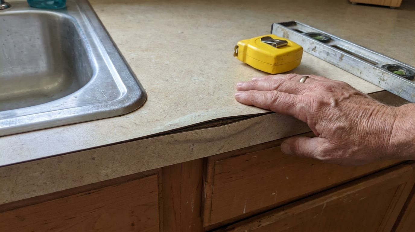 Close-up of a laminate countertop lifting and swollen at the front edge beside a stainless sink, with a hand pressing on it and a tape measure and level on the counter