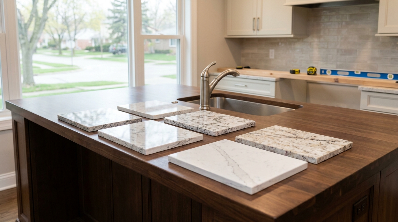 Quartz and granite countertop samples on a kitchen island in natural light