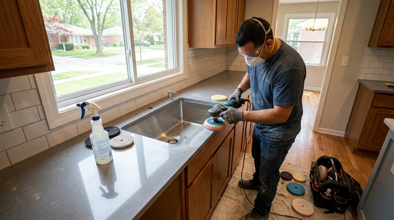 Installer polishing a quartz seam at a kitchen sink cutout
