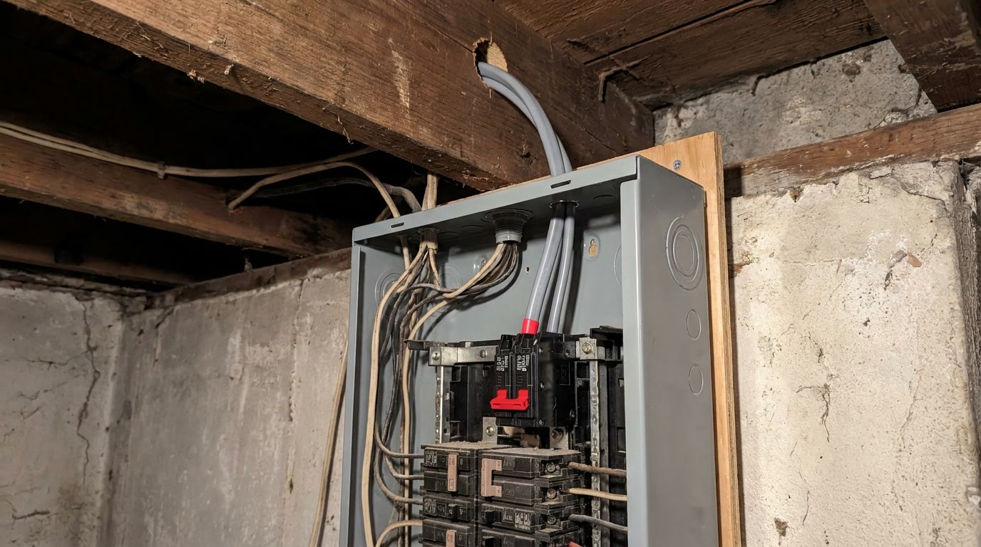 Basement electrical panel with a new double-pole breaker and a heavy cable run up through the joists toward the kitchen