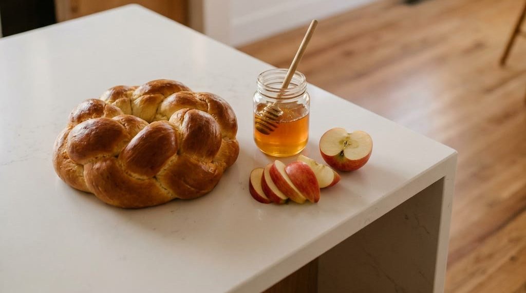 A round challah, a jar of honey and sliced apples on a white quartz kitchen island in a bright kitchen