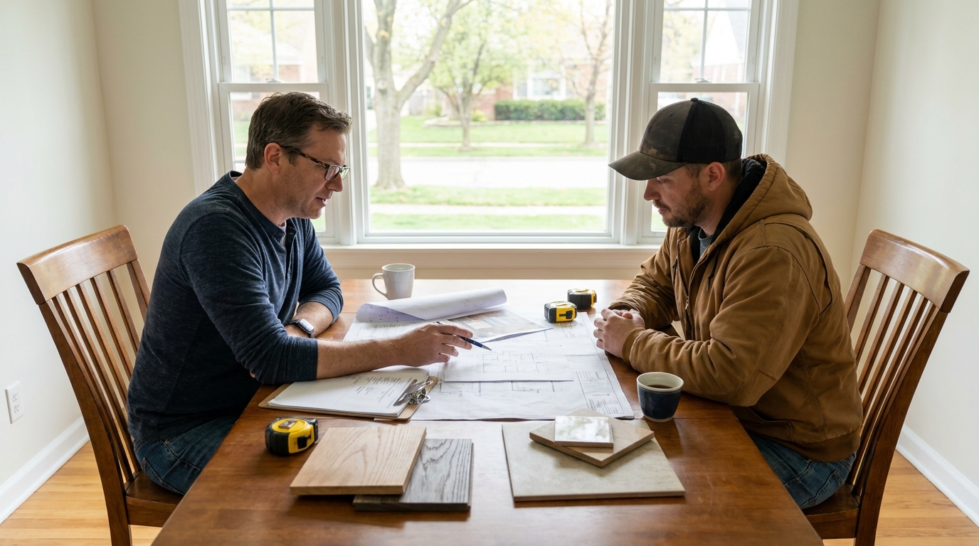 Homeowner reviewing a written kitchen remodel scope with an insured contractor