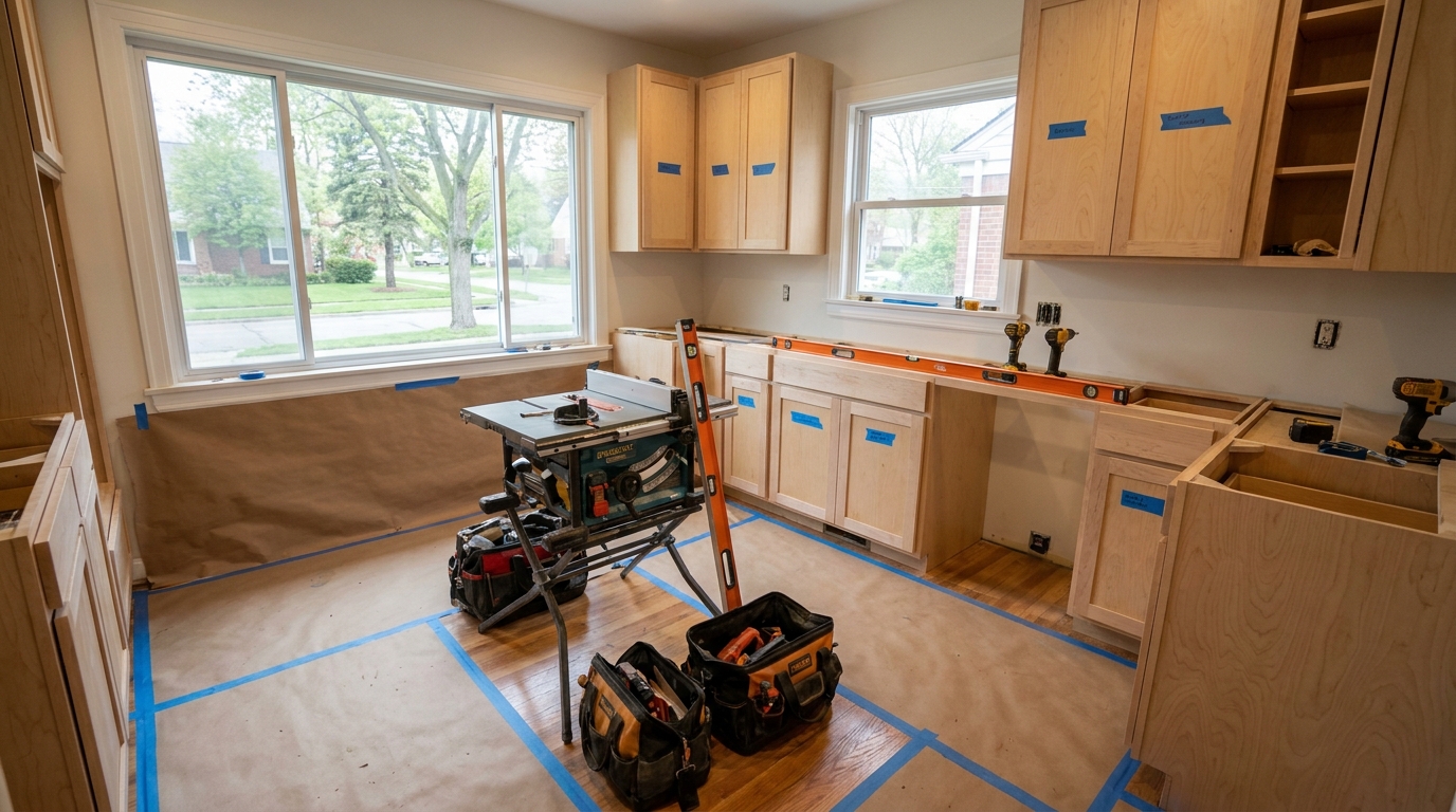 Organized kitchen jobsite with protected floors and labeled cabinet boxes