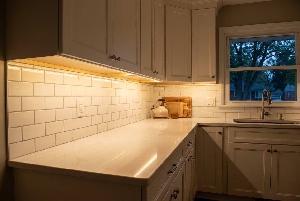 White subway tile backsplash with gray grout above a quartz countertop, lit by warm under-cabinet lighting at dusk