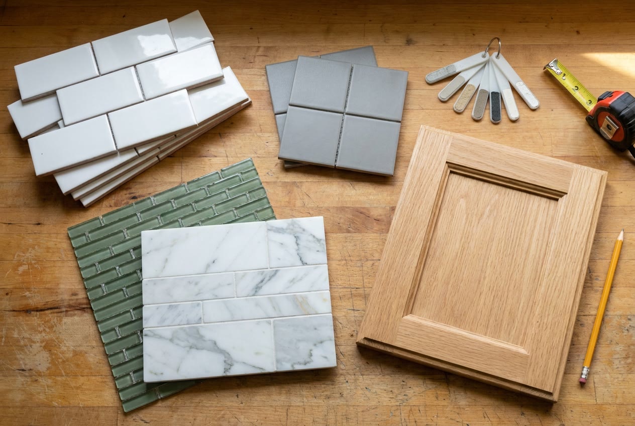 Backsplash samples in white subway, gray porcelain, green glass, and marble beside an oak cabinet door and grout color sticks