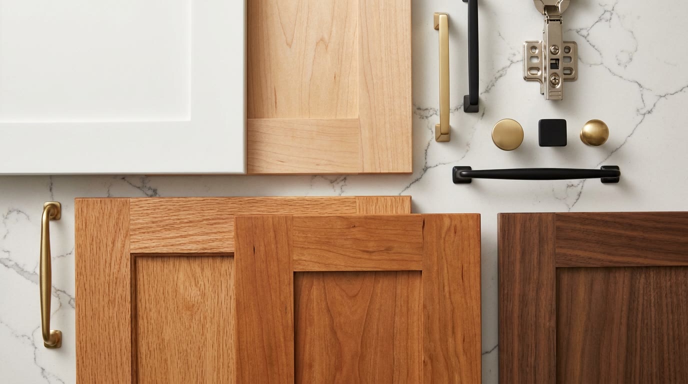 Cabinet door samples in white painted MDF, maple, oak, cherry and walnut beside brushed brass and matte black pulls, knobs and a soft-close hinge