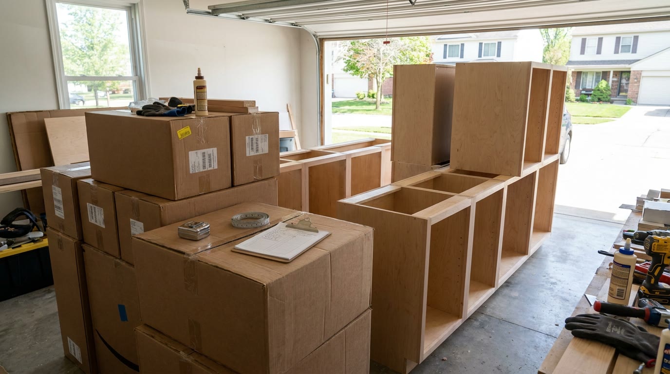 Boxed and assembled plywood kitchen cabinet boxes staged in a Metro Detroit garage before installation, with a tape measure and a delivery checklist on top