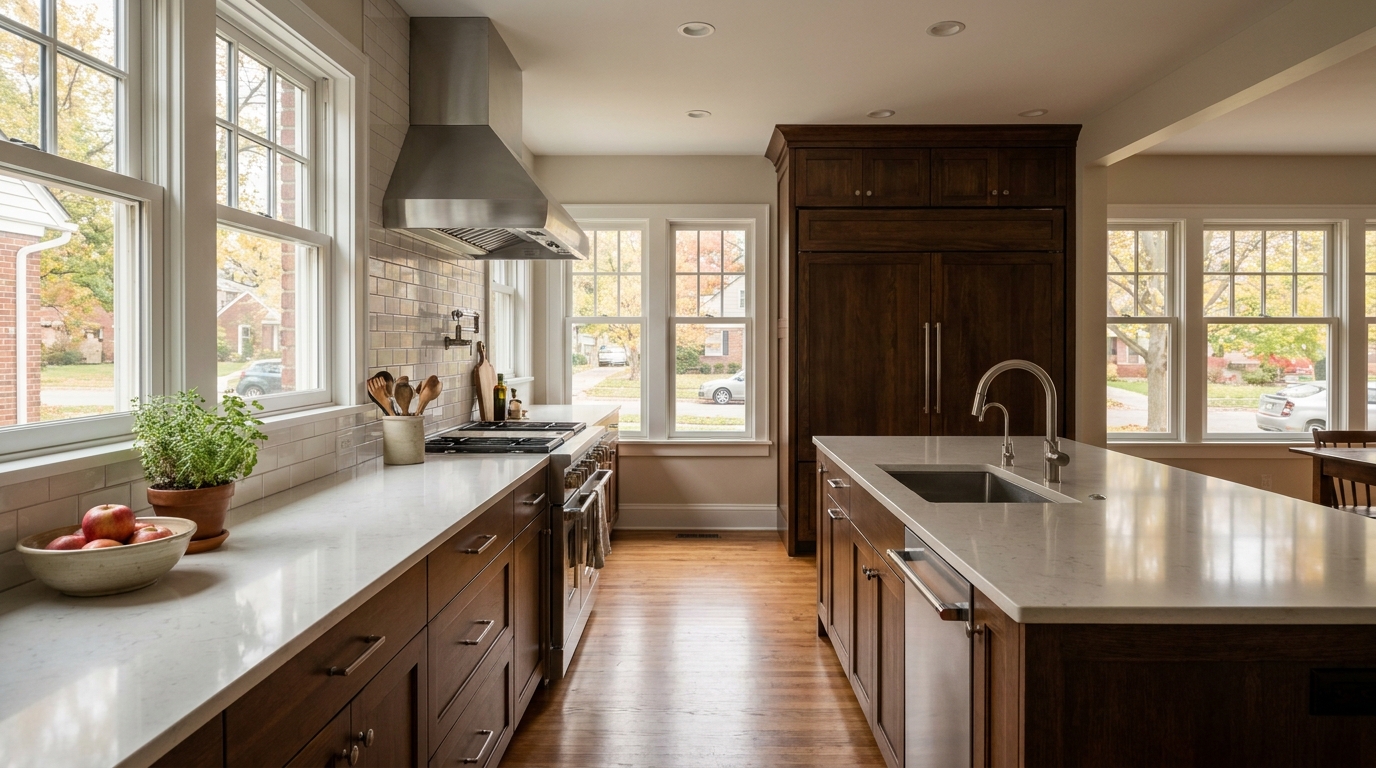 Open kitchen layout showing clear work zones between sink, range, and refrigerator