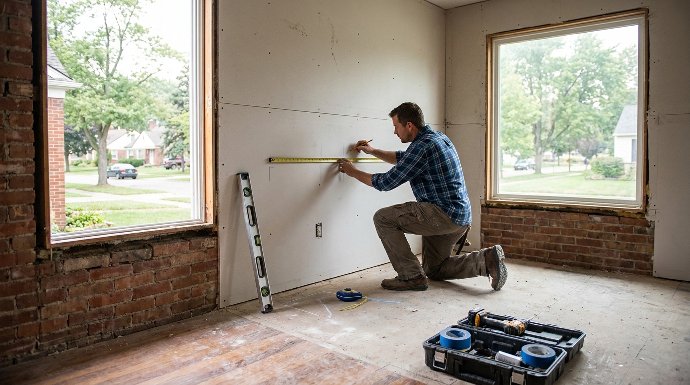 Designer marking cabinet heights and outlet locations on a kitchen wall