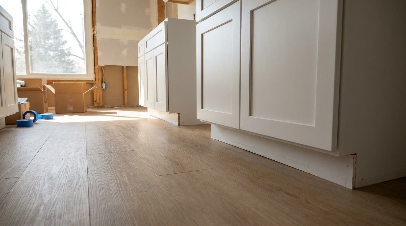 Luxury vinyl plank kitchen floor meeting a cabinet toe kick in a Metro Detroit kitchen