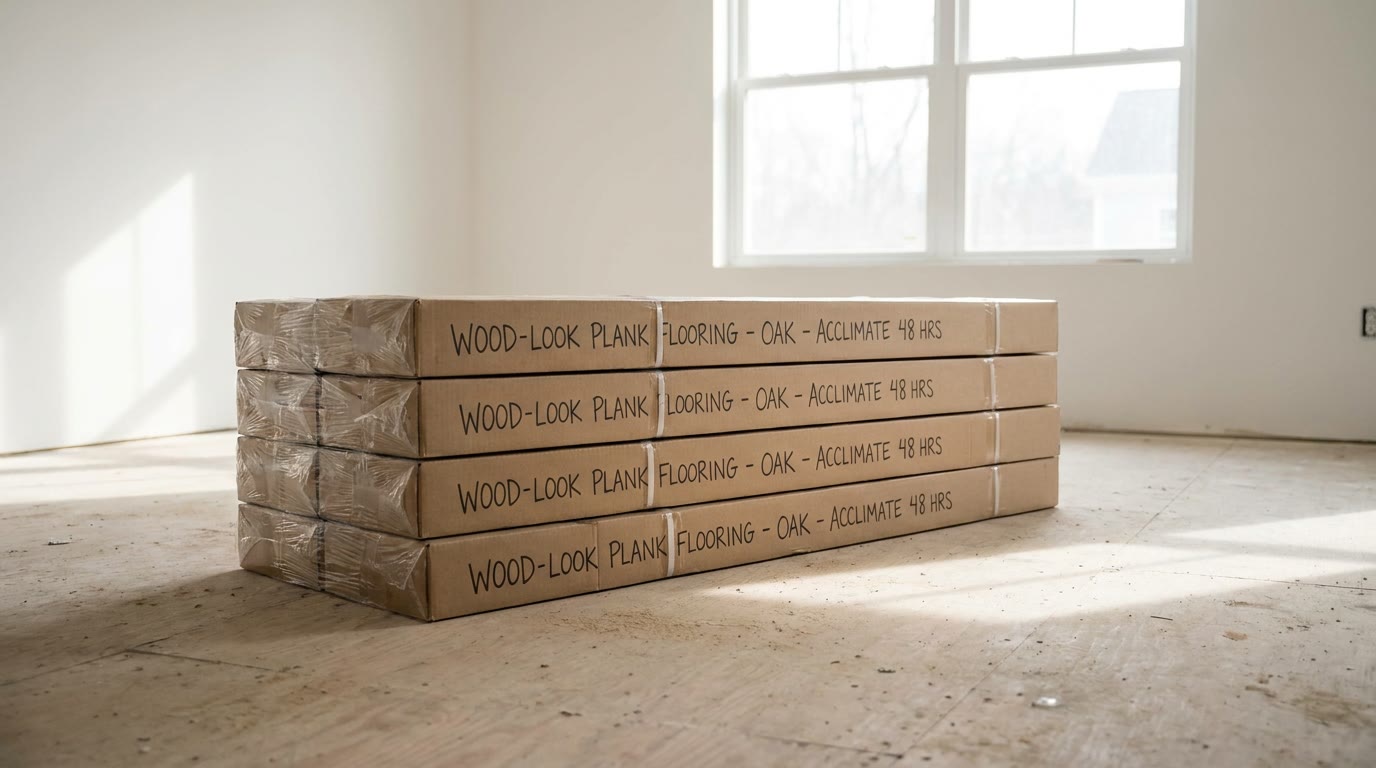 Flooring planks stacked in a kitchen to acclimate before installation