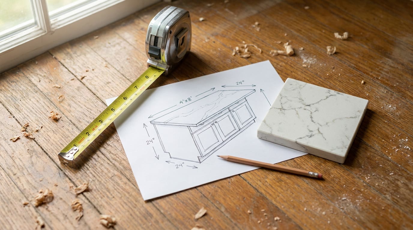 Tape measure stretched across a kitchen floor beside a paper island layout sketch