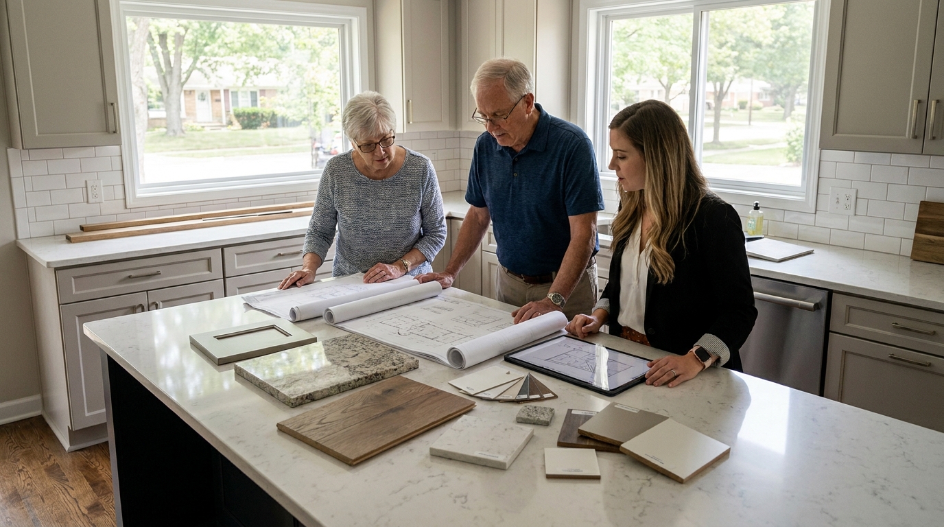Homeowner and kitchen designer reviewing layout options at a kitchen island