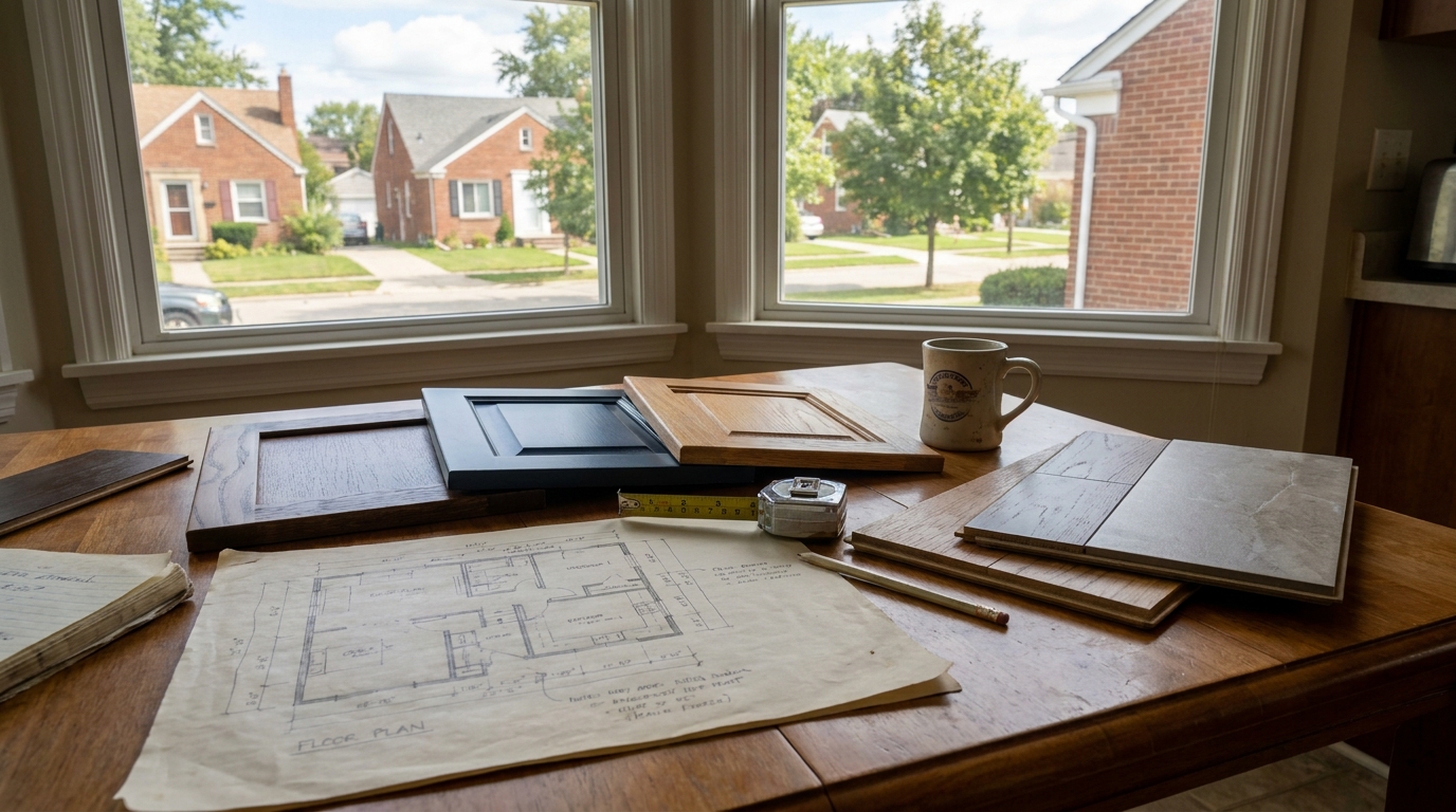 Kitchen floor plan sketch beside cabinet and flooring samples on a table
