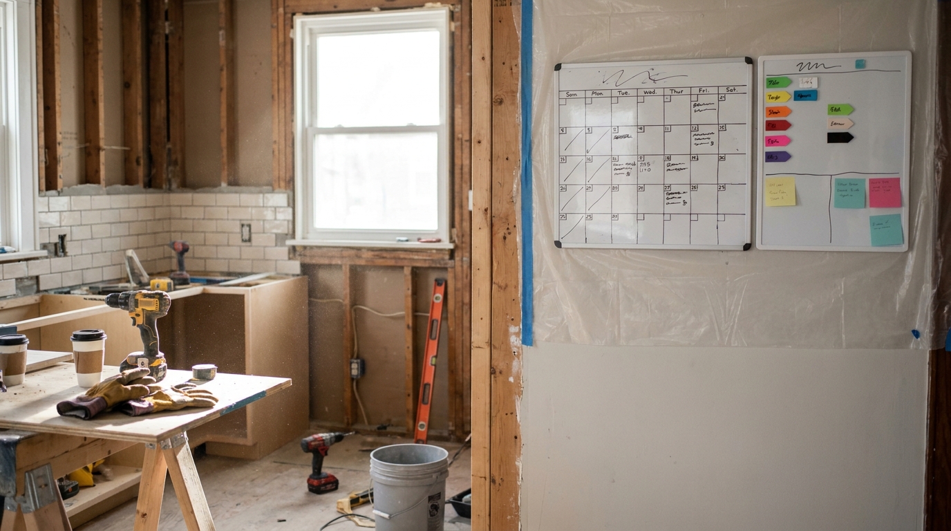 Protected kitchen jobsite with project materials staged for installation