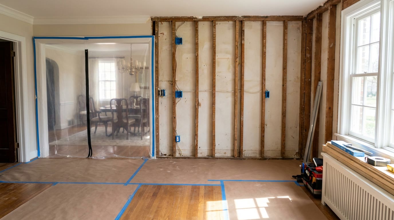 A kitchen mid-remodel with the cabinets removed, new electrical boxes on the studs, paper floor protection, and a plastic dust wall with a zipper door at the dining room opening