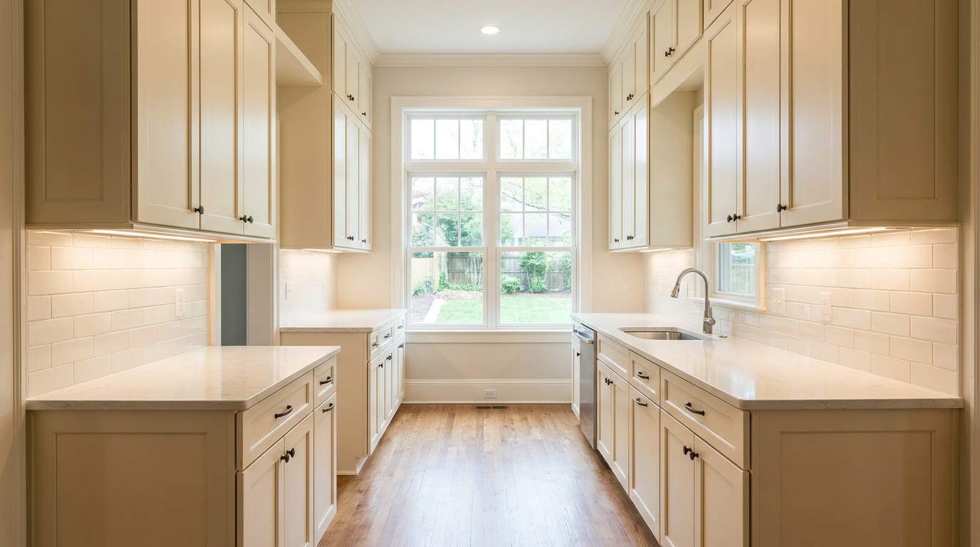 Narrow galley kitchen in a Metro Detroit home with cabinets running to the ceiling