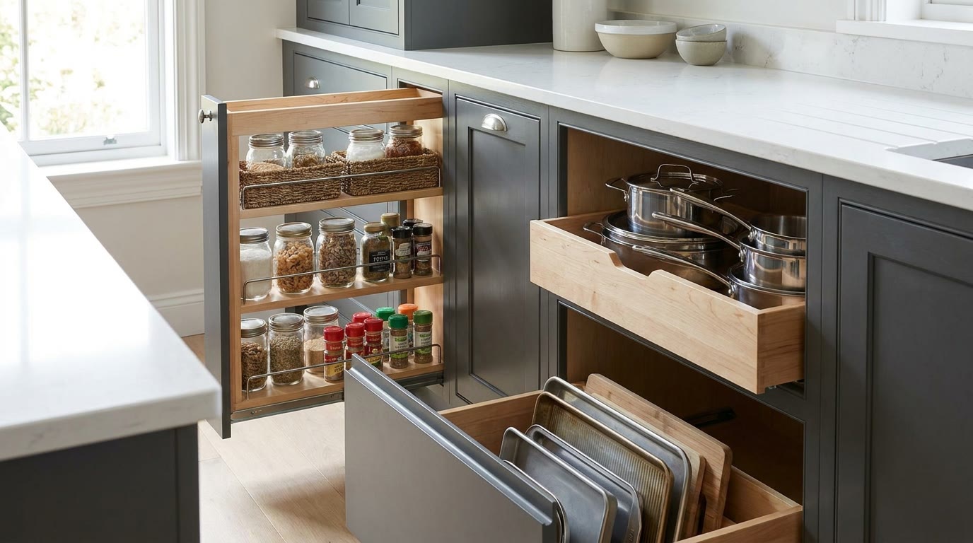 Pull-out pantry and deep drawers inside the base cabinets of a compact kitchen