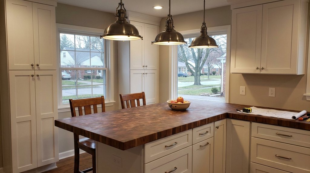 A butcher block kitchen island with a bowl of apples under three brushed nickel pendant lights, between white shaker cabinets