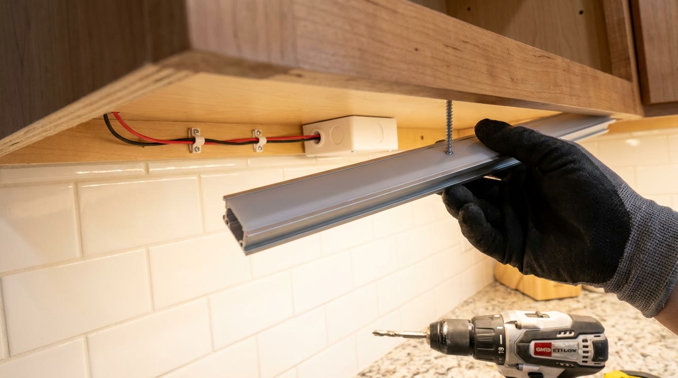Underside of a kitchen wall cabinet with an LED channel, a junction box, and clipped wiring being fitted above a tile backsplash