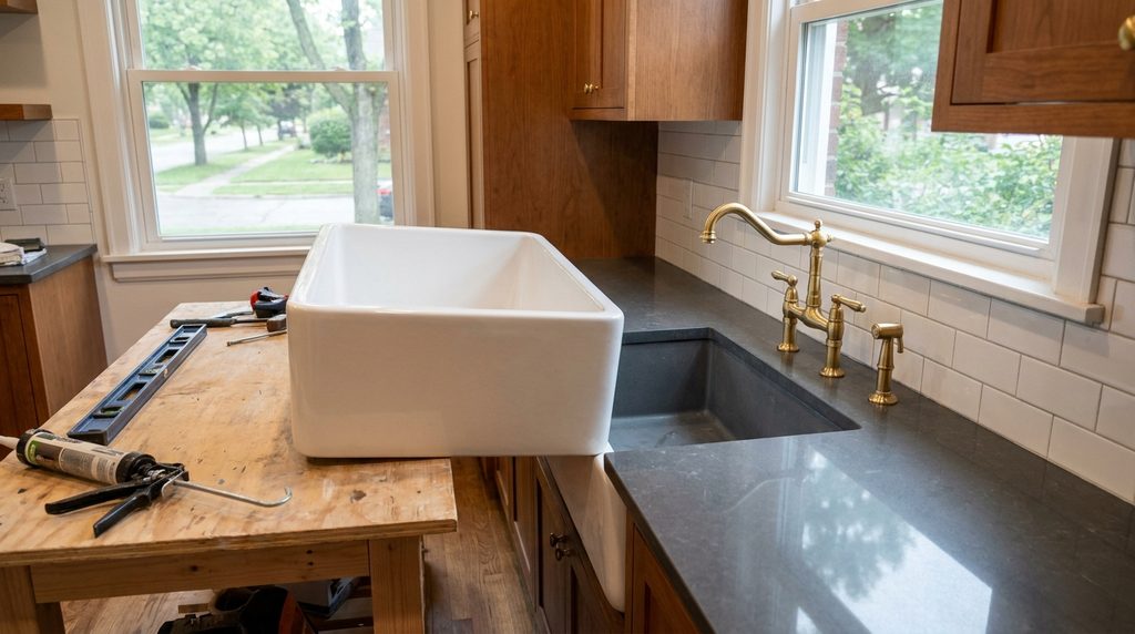 A farmhouse sink set beside a dark quartz countertop and white subway backsplash during a kitchen installation